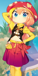 Size: 384x768 | Tagged: safe, artist:star-is-nonbinary, derpibooru import, machine learning generated, sunset shimmer, anime, beach, cute, pinegraph, shimmerbetes