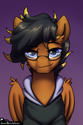 Size: 2000x3000 | Tagged: safe, artist:jedayskayvoker, derpibooru import, oc, pegasus, blue eyes, bust, clothes, ear fluff, ears, eyebrows, glasses, gradient background, hoodie, icon, looking at you, male, oc name needed, pegasus oc, portrait, raised eyebrow, solo, stallion