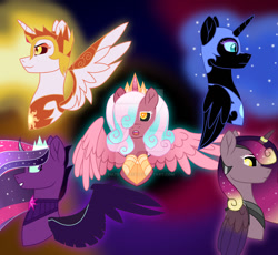 Size: 1280x1180 | Tagged: safe, artist:hate-love12, derpibooru import, daybreaker, midnight sparkle, nightmare moon, princess cadance, princess flurry heart, twilight sparkle, pony, equestria girls, base used, evil cadance, evil flurry heart