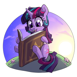 Size: 1648x1648 | Tagged: safe, artist:smirk, derpibooru import, twilight sparkle, unicorn twilight, pony, unicorn, alternate hairstyle, book, female, filly, filly twilight sparkle, foal, simple background, solo, transparent background, younger