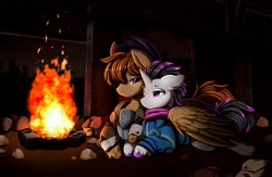 Size: 3617x2357 | Tagged: safe, artist:pridark, derpibooru import, oc, oc only, oc:haze rad, oc:talu gana, pegasus, pony, unicorn, fallout equestria, clothes, colored hooves, cowboy hat, detailed background, eyebrows, fire, gay, hat, highlights, horn, jumpsuit, looking at each other, looking at someone, male, mohawk, ncr ranger, night, one ear down, pegasus oc, purple eyes, scarf, smiling, smiling at each other, stetson, taze, unicorn oc, unshorn fetlocks, vault suit