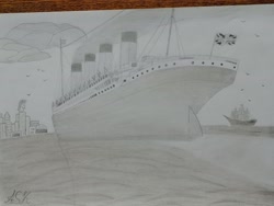 Size: 4000x3000 | Tagged: safe, derpibooru import, bird, seagull, manhattan, monochrome, ocean, pencil drawing, ship, traditional art, water