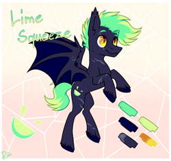 Size: 1212x1140 | Tagged: safe, artist:lambydwight, derpibooru import, oc, oc:lime squeeze, bat pony, pony, reference sheet