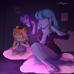 Size: 1500x1500 | Tagged: safe, artist:frezzzypop, derpibooru import, adagio dazzle, aria blaze, sonata dusk, equestria girls, adagio dazzle is not amused, beanbag chair, bedroom, clothes, controller, cute, female, gaming, pajamas, signature, socks, sonatabetes, stocking feet, the dazzlings, tongue, tongue out, trio, unamused