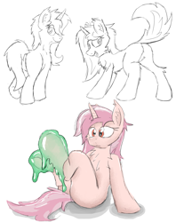 Size: 3161x3999 | Tagged: safe, artist:pzkratzer, derpibooru import, oc, oc:cupid, unicorn, butt, ciel, flockmod, looking back, messy, monochrome, plot, raised hoof, raised leg, sitting, slime