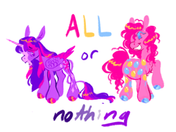 Size: 1280x961 | Tagged: safe, artist:webkinzworldz, derpibooru import, pinkie pie, twilight sparkle, twilight sparkle (alicorn), alicorn, pony, all or nothing, alternate design, asexual pride flag, chin fluff, duo, leonine tail, mouthpiece, pansexual pride flag, pride, pride flag, reference, tail