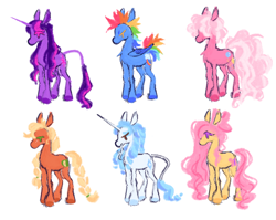 Size: 1280x1020 | Tagged: safe, artist:webkinzworldz, derpibooru import, applejack, fluttershy, pinkie pie, rainbow dash, rarity, twilight sparkle, earth pony, pegasus, pony, unicorn, alternate design, leonine tail, mane six, simple background, tail, white background