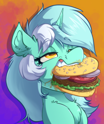 Size: 2625x3115 | Tagged: safe, artist:witchtaunter, derpibooru import, lyra heartstrings, pony, unicorn, biting, burger, chest fluff, ear fluff, ears, eating, eyebrows, eyebrows visible through hair, faic, female, food, gradient background, hamburger, l.u.l.s., lettuce, lidded eyes, mare, meat, messy eating, onion, ponies eating meat, solo, teeth, tomato