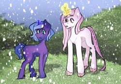 Size: 2360x1640 | Tagged: safe, artist:patheticllamas, derpibooru import, princess celestia, princess luna, pony, unicorn, cloven hooves, duo, female, glowing, glowing horn, headcanon, horn, magic, mare, race swap, royal sisters, siblings, sisters, unicorn celestia, unicorn luna, unshorn fetlocks, young celestia, young luna, younger