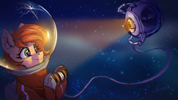 Size: 5106x2872 | Tagged: safe, artist:helmie-art, derpibooru import, oc, oc only, oc:rusty gears, earth pony, pony, astronaut, female, mare, personality core, portal (valve), smiling, space, spacesuit