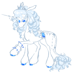 Size: 1280x1293 | Tagged: safe, artist:webkinzworldz, derpibooru import, rarity, classical unicorn, pony, unicorn, alternate design, alternate universe, blue eyes, cloven hooves, crown, gem, horn, horn jewelry, jewelry, leonine tail, regalia, silver mane, simple background, solo, tail, tail jewelry, unshorn fetlocks, white background, white coat, wristband