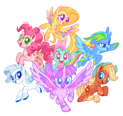 Size: 1280x1199 | Tagged: safe, artist:webkinzworldz, derpibooru import, applejack, dancing butterflies, fluttershy, pinkie pie, princess tiffany, rainbow dash, rarity, spike, twilight sparkle, twilight sparkle (alicorn), alicorn, earth pony, pegasus, pony, unicorn, g1, alternate design, alternate universe, blue eyes, body markings, bright night, coat markings, colored hooves, colored wings, eyeshadow, facial markings, flying, food, freckles, gradient legs, green eyes, hoof polish, makeup, mane six, multicolored wings, night light (g1), pale belly, pink eyes, simple background, socks (coat marking), spread wings, star (coat marking), strawberry, strawberry surprise, sunspot (g1), twice as fancy ponies, twinkle eyed dragon, white background, wings