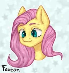 Size: 1854x1960 | Tagged: safe, artist:fazbonz, derpibooru import, fluttershy, pegasus, pony, bust, female, mare, portrait, signature, simple background, smiling, solo, white background