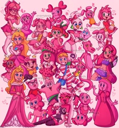 Size: 1916x2048 | Tagged: safe, artist:starblack_20, derpibooru import, pinkie pie, oc, anthro, earth pony, hedgehog, human, rabbit, adventure time, amy rose, anais watterson, animal, anime, breasts, chowder, clothes, color collage, cookie run, dc comics, drawn together, dress, five nights at freddy's, group, heart, helluva boss, kirby, kirby (series), madoka kaname, magical girl, miss heed, my melody, panini (chowder), patrick star, pink, pink background, pink panther, popee the performer, princess bubblegum, princess peach, puella magi madoka magica, sanrio, simple background, sonic the hedgehog (series), spanky ham, spinel (steven universe), spongebob squarepants, starfire, steven universe, strawberry shortcake, strawberry shortcake (character), super mario bros., teen titans, the amazing world of gumball, the backyardigans, the fairly oddparents, uniqua, verosika mayday, villainous, wanda, watermark