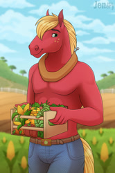 Size: 1280x1922 | Tagged: safe, artist:jenery, derpibooru import, big macintosh, anthro, earth pony, horse, belt, carrot, carrying, clothes, cloud, corn, crate, digital art, farm, fence, food, freckles, green pupils, hoers, holding, jeans, looking at you, male, nudity, outdoors, pants, partial nudity, pecs, red body, sky, smiling, solo, stallion, topless, tree, vegetables, watermark, yoke