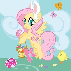 Size: 960x960 | Tagged: safe, derpibooru import, fluttershy, bird, butterfly, pegasus, pony, basket, bunny ears, cloud, curly hair, cute, easter basket, my little pony logo