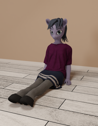 Size: 2520x3240 | Tagged: safe, artist:cicada bluemoon, derpibooru import, oc, oc only, oc:cicada bluemoon, anthro, 3d, anthro oc, clothes, crossdressing, femboy, looking at you, male, room, shirt, sitting, skirt, socks, solo, stockings, t-shirt, thigh highs