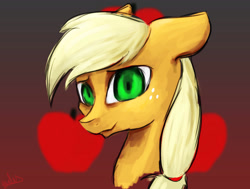 Size: 2358x1784 | Tagged: safe, artist:minckies, derpibooru import, applejack, earth pony, pony, bust, cutie mark background, female, freckles, gradient background, mare, signature, solo