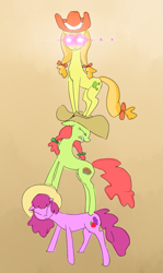 Size: 823x1384 | Tagged: artist needed, safe, derpibooru import, berry punch, berryshine, marmalade jalapeno popette, peachy sweet, pony, over a barrel, apple family member, clothes, cowboy hat, drawthread, glowing, glowing eyes, gradient background, hat, looking at you, pony pile, scene interpretation