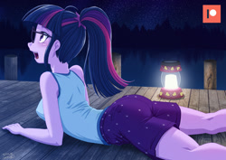Size: 1200x848 | Tagged: safe, artist:uotapo, sci-twi, twilight sparkle, equestria girls, legend of everfree, butt, camp everfree outfits, clothes, female, glasses, lamp, looking up, lying down, open mouth, patreon, patreon logo, ponytail, prone, shorts, solo, stargazing, tanktop, twibutt