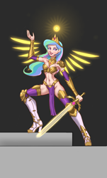 Size: 1024x1700 | Tagged: safe, artist:dinosaurcol, derpibooru import, princess celestia, human, armor, boots, bra, clothes, crossover, crown, element of magic, god empress of ponykind, halo, high heels, humanized, jewelry, regalia, shoes, socks, sword, thigh boots, thigh highs, twisword, unconvincing armor, underwear, warhammer (game), warhammer 40k, warrior, warrior celestia, weapon