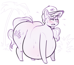 Size: 1250x1100 | Tagged: safe, artist:secretgoombaman12345, derpibooru import, diamond tiara, earth pony, pony, chubby diamond, eyebrows, eyebrows visible through hair, fat, female, hat, hot, lidded eyes, monochrome, obese, palm tree, solo, sweat, tree