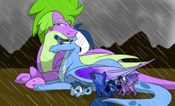 Size: 1024x620 | Tagged: safe, artist:colourstrike, derpibooru import, princess ember, spike, dragon, baby, baby dragon, crying, dragoness, emberspike, family, female, male, mountain, older, older spike, rain, shipping, straight, tl;dr