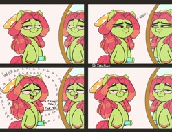 Size: 2000x1538 | Tagged: safe, artist:inkypuso, derpibooru import, tree hugger, earth pony, pony, bloodshot eyes, bong, comic, dialogue, dreadlocks, female, implied drug use, mare, mirror, reflection, solo