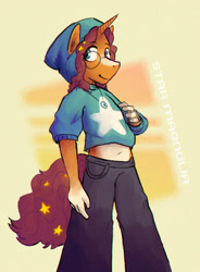 Size: 872x1187 | Tagged: safe, artist:punkittdev, derpibooru import, oc, oc only, oc:star magnolia, anthro, unicorn, beanie, belly button, glasses, hat, midriff, smiling, solo