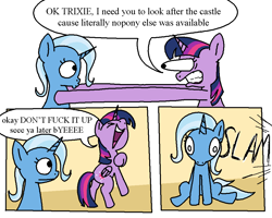 Size: 1019x815 | Tagged: safe, artist:notfocks, derpibooru import, part of a set, trixie, twilight sparkle, twilight sparkle (alicorn), alicorn, pony, unicorn, cartoon physics, comic, dialogue, duo, eye bulging, female, mare, speech bubble