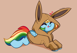 Size: 5664x3880 | Tagged: safe, artist:kittyrosie, derpibooru import, rainbow dash, pegasus, pony, clothes, cute, dashabetes, eevee, eyes closed, hoodie, kittyrosie is trying to murder us, pokémon, simple background, tongue, tongue out