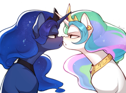 Size: 2225x1656 | Tagged: safe, artist:minekoo2, derpibooru import, princess celestia, princess luna, alicorn, pony, blushing, boop, crossed horns, duo, duo female, eye contact, female, frown, high res, horn, horns are touching, looking at each other, mare, nose to nose, noseboop, royal sisters, siblings, simple background, sisters, unamused, white background