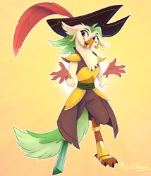 Size: 2520x2940 | Tagged: safe, artist:katycatkawaii, derpibooru import, captain celaeno, anthro, bird, amputee, female, high res, open mouth, open smile, ornithian, peg leg, pirate, prosthetic leg, prosthetic limb, prosthetics, shrug, smiling, solo