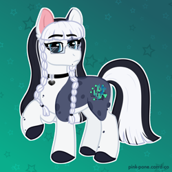 Size: 1800x1800 | Tagged: safe, artist:pink-pone, oc, oc only, oc:clarabelle meadow, earth pony, pony, beauty mark, choker, commission, earth pony oc, female, glasses, looking at you, mare, raised hoof, raised leg, solo, tail, two toned mane, two toned tail
