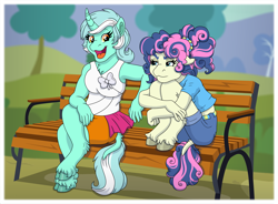 Size: 4554x3346 | Tagged: safe, artist:faitheverlasting, derpibooru import, bon bon, lyra heartstrings, sweetie drops, anthro, earth pony, unguligrade anthro, unicorn, bench, bon bon is not amused, clothes, duo, duo female, ears, female, floppy ears, hair tie, high res, hugging leg, implied transformation, leonine tail, lesbian, looking at each other, looking at someone, looking sideways, lyrabon, mare, meme, open mouth, open smile, pony to anthro, ponytail, shipping, sitting, sitting lyra, smiling, species swap, tail, transformation, unamused, unshorn fetlocks