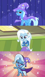 Size: 1920x3240 | Tagged: safe, derpibooru import, edit, edited screencap, screencap, trixie, human, pony, unicorn, boast busters, equestria girls, equestria girls (movie), friendship gems, g4.5, my little pony: pony life, cape, clothes, hat, jacket, skirt, trixie's cape, trixie's hat