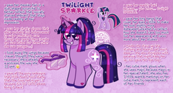 Size: 2097x1134 | Tagged: safe, artist:dipperclassic, derpibooru import, twilight sparkle, unicorn twilight, pony, unicorn, big eyes, cute, cutie mark, glasses, glasses off, glowing, glowing horn, hoof heart, hoof polish, horn, magic, messy mane, ponytail, redesign, scrunchie, solo, sparkles, text