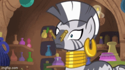 Size: 360x202 | Tagged: safe, derpibooru import, screencap, zecora, molt down, season 8, spoiler:s08, animated, bottle, bracelet, clothespin, cotton, cotton balls, ear piercing, earring, female, gif, imgflip, jewelry, leg rings, looking sideways, mare, neck rings, necklace, open mouth, piercing, pinpoint eyes, raised hoof, raised leg, shelves, shocked, solo, zecora's hut