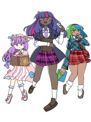 Size: 768x1024 | Tagged: safe, artist:koheirichan, derpibooru import, twilight sparkle, human, battle for dream island, book, book (battle for dream island), clothes, crossover, dark skin, dress, female, humanized, patchouli knowledge, simple background, skirt, touhou, trio, twichouli, white background