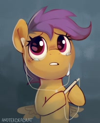 Size: 1051x1280 | Tagged: safe, artist:anotherdeadrat, derpibooru import, scootaloo, pegasus, pony, crying, cute, cutealoo, earbuds, female, filly, foal, sad, sadorable, solo, spread wings, wings