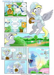 Size: 1920x2660 | Tagged: safe, artist:jeremy3, derpibooru import, derpy hooves, trixie, oc, pegasus, pony, unicorn, comic:everfree my friend, baseball, baseball cap, book, bubble, cap, comic, flying, hat, sports