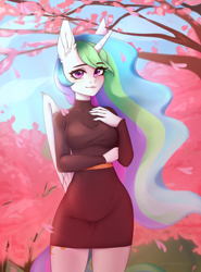 Size: 2216x3000 | Tagged: safe, artist:kutoshi, derpibooru import, princess celestia, alicorn, anthro, beautiful, breasts, cherry blossoms, clothes, curvy, dress, ethereal hair, female, flower, flower blossom, hand on chest, lips, long nails, looking at you, princess breastia, sweater, sweater dress, thighs, turtleneck, wide hips, windswept mane
