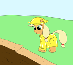 Size: 1575x1400 | Tagged: safe, artist:amateur-draw, derpibooru import, applejack, earth pony, pony, clothes, female, hat, mare, mud, muddy, pvc, raincoat, solo, wet and messy