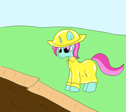 Size: 1575x1400 | Tagged: safe, artist:amateur-draw, derpibooru import, oc, oc only, oc:belle boue, unicorn, clothes, covered in mud, hat, mud, mud pony, muddy, pvc, raincoat, wet and messy