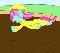 Size: 1575x1400 | Tagged: safe, artist:amateur-draw, derpibooru import, oc, oc only, oc:belle boue, pony, unicorn, clothes, hat, male, mud, pvc, raincoat, stallion, wet and messy