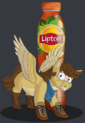 Size: 2090x3000 | Tagged: safe, artist:grrawesomeness, derpibooru import, oc, oc:buttercup, pegasus, angry, bandana, behaving like a dog, boots, ice tea, lipton, product placement, shoes, solo