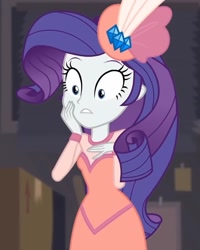 Size: 662x828 | Tagged: safe, derpibooru import, screencap, rarity, better together, equestria girls, rarity investigates: the case of the bedazzled boot, clothes, cropped, feather, hand on chest, hat, pillbox hat, rarity investigates (eqg): trixie, solo