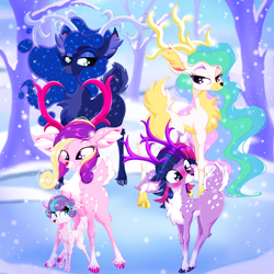 Size: 2500x2500 | Tagged: safe, artist:rurihal, derpibooru import, princess cadance, princess celestia, princess flurry heart, princess luna, twilight sparkle, deer, reindeer, alicorn pentarchy, alicorn tetrarchy, blushing, butt, chest fluff, cloven hooves, doe, ear fluff, ears, fawn, female, forest, ice, mother and child, mother and daughter, parent and child, plot, snow, snowfall