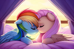 Size: 3072x2048 | Tagged: safe, derpibooru import, generator:novelai, generator:stable diffusion, machine learning generated, fluttershy, rainbow dash, pegasus, pony, bed, bedroom, curtains, cute, duo, duo female, ears, eyes closed, female, floppy ears, flutterdash, high res, indoors, lesbian, lying down, mare, nuzzling, prone, shipping, window, wings