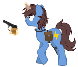 Size: 3128x2718 | Tagged: safe, artist:equestria secret guard, derpibooru import, oc, oc only, oc:frozen flash, oc:冰闪, unicorn, bag, flashlight (object), gun, hoofgun, horn, magic, male, saddle bag, silent congruence town, silent congruence town 2, simple background, telekinesis, transparent background, unicorn oc, weapon